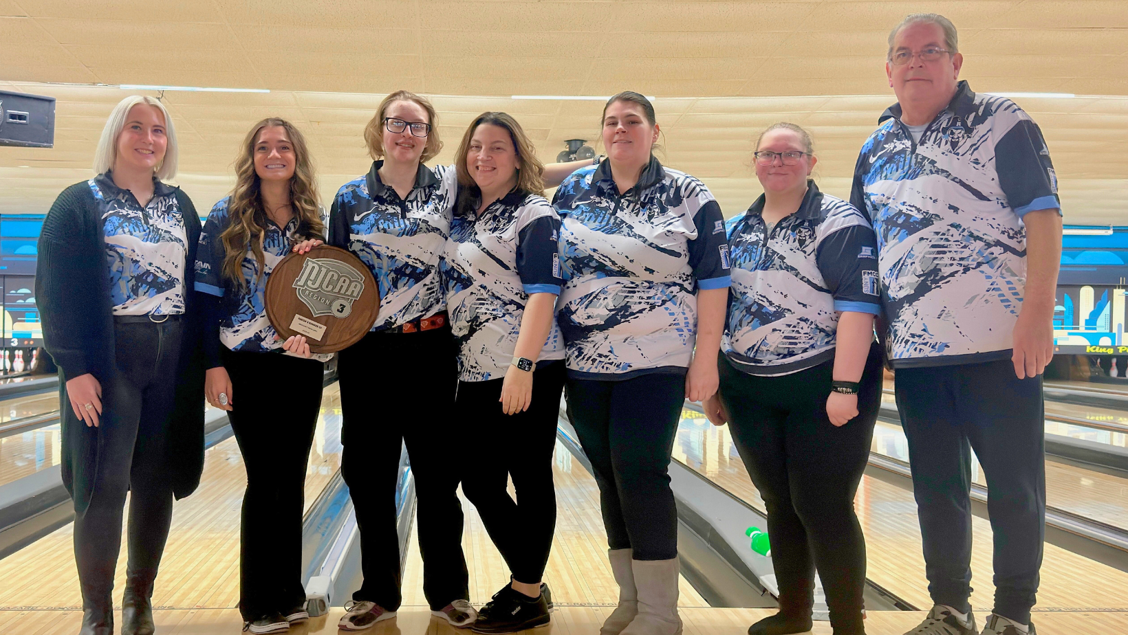 L to R Asst. Coach Selena Barber, Gabby Jenks, Crystal Coleman, Joanna Whitman, Marque Herr, Kyleigh Lindsey and  Head Coach, Tom Rathbun.