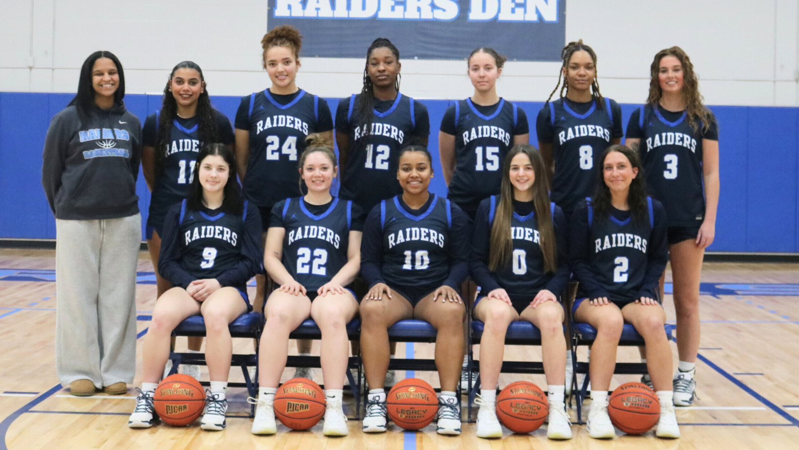 2026 Women's Basketball Team. Top Row(L to R): Mianna Jackson, Bri Santiago, Kieonna Christmas, Shi Williams, Liana Brown, Deonna Brodie and Cloey Dopp. Front Row (L to R): Hailey Monroe, Gabby Rourke, Sha Cooper, Mattingly Hindes and Haley Dutcher.